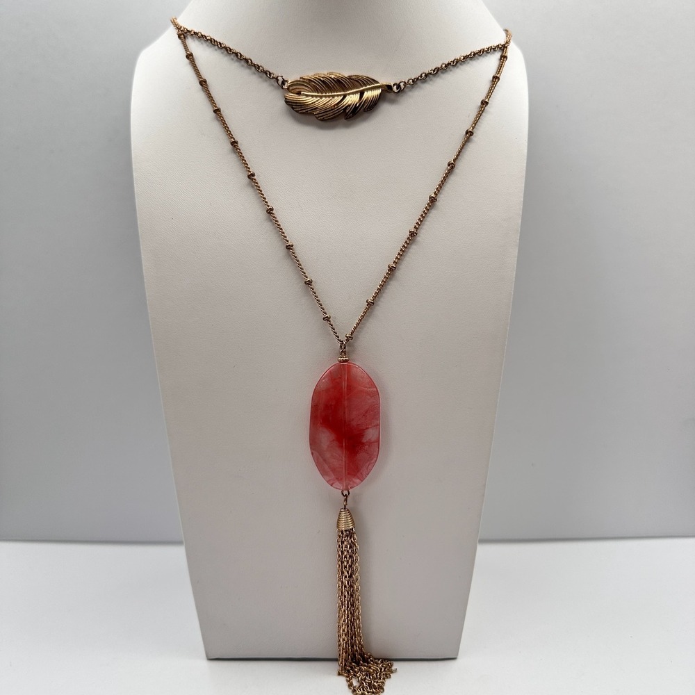 Vintage 90s Pink Stone Gold Tone Tassel Feather Necklace Women's Jewelry